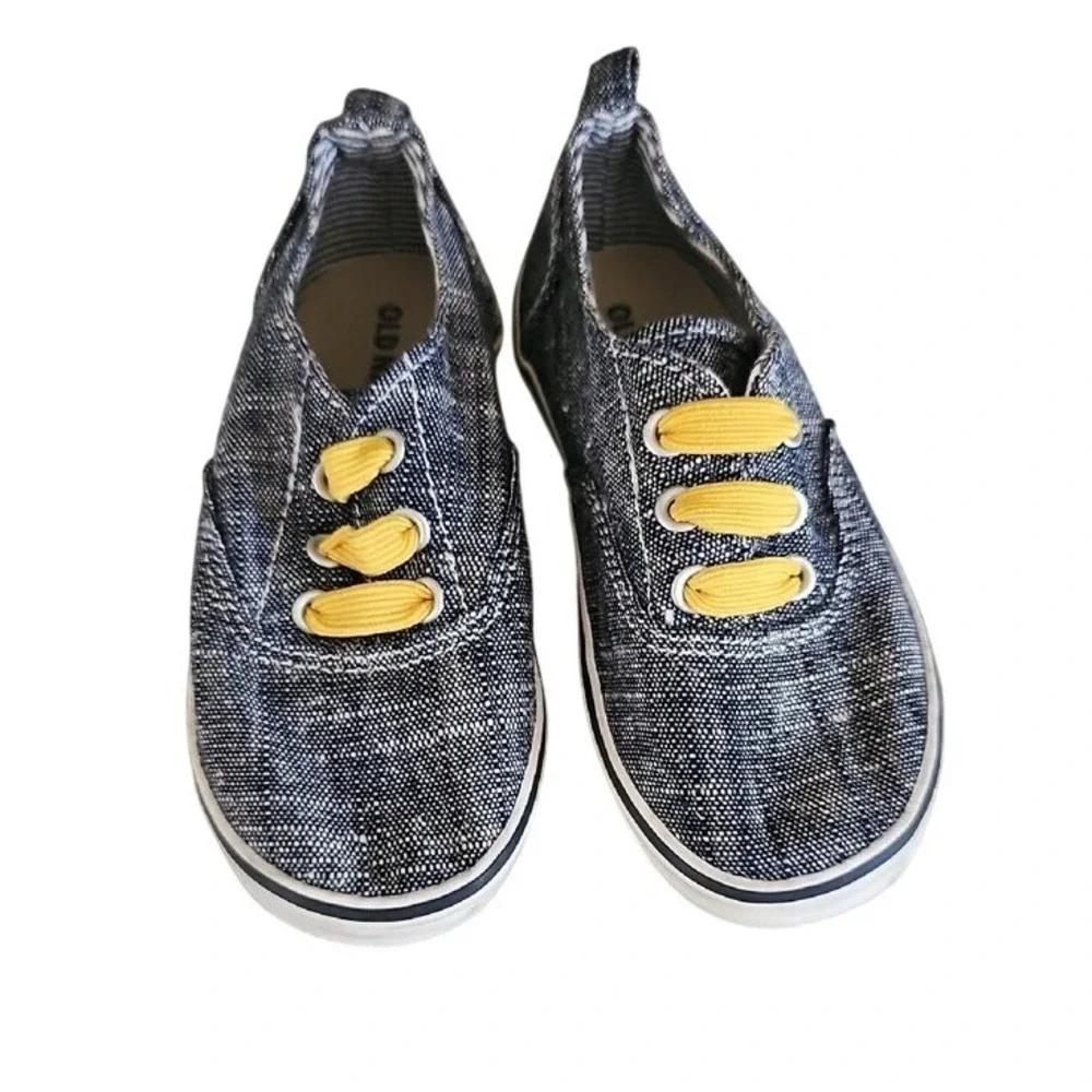 Old Navy Kids Dark Chambray Low Top Sneakers Yellow Elastic Laces Size 9 3T/3A